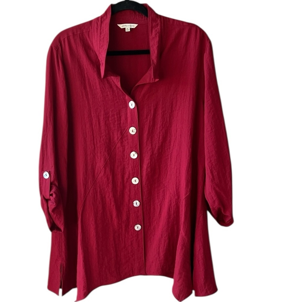 John Mark XL Burgundy Long Line Button Down Asymmetric Hem Tunic Top